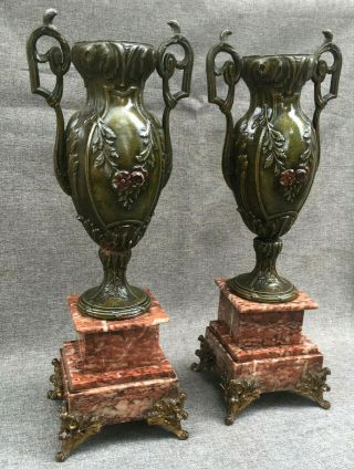 Huge Antique French Art Nouveau Vases Regule Marble 19th Century Flowers