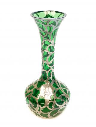 Alvin Mfg Sterling Silver Overlay Green Art Glass Trumpet Vase V5c94,  C1900