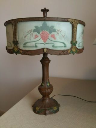 Rainaud Lamp 5 panel reverse painted slag glass lamp early 20th century 3