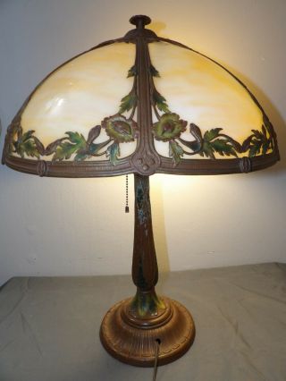 Antique Art Nouveau Rainaud Slag Glass Panel Lamp Matching Base Wired 16x22