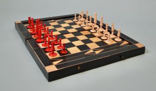 Antique French Ebony & Bone Games Board & Washington Style Chess Set C.  1800