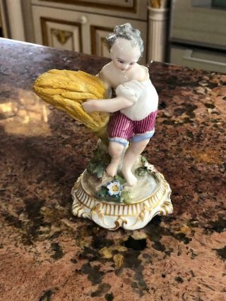 Fine Antique Meissen Porcelain Figurine Boy Gathering Wheat