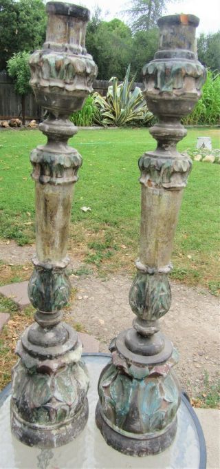 Pair Massive 17th Century Italian Carved Wood Pricket Candlesticks Painted