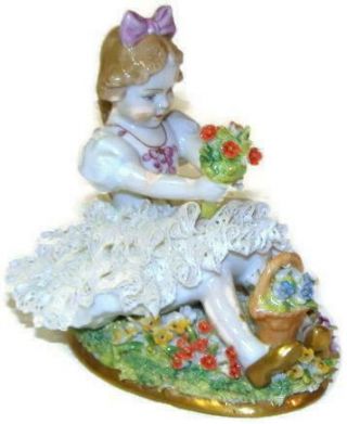 Vintage Sitzendorf Dresden Lace Figurine Girl In Field Of Flowers Holding A Posy