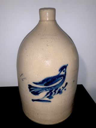 Antique 2 Gallon Blue Decorated Stoneware Bird Jug White & Wood,  York