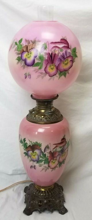 32 " Antique Victorian Converted Oil Lamp Pink Floral 3 Way Gwtw Hand Painted