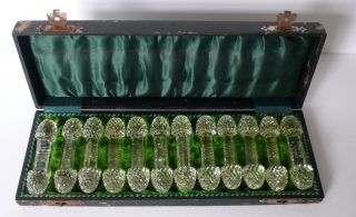 Set Of 12 Antique Crystal Glass Knife Rests Hand Cut Diamond Pattern Wooden Box