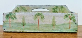 Antique 19th C Wood Cutlery Caddy Box Tote Carrier Folk Art Rufus Porter Paint