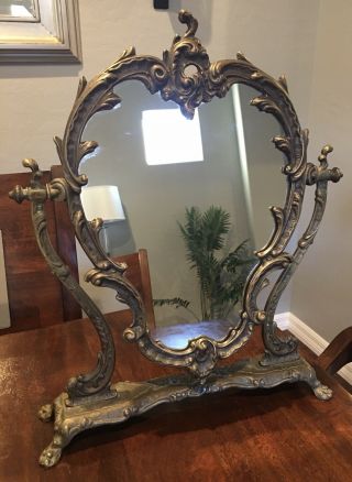 Vintage Italian Italy Ornate Brass Vanity Dresser Swivel Tilt Mirror
