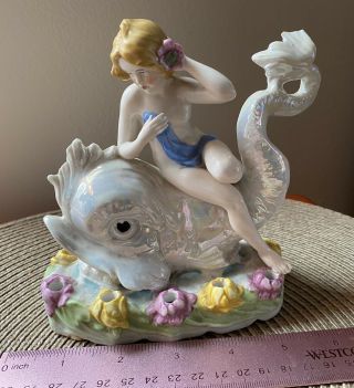 Rare Atq Art Deco German Bathing Beauty Dolphin Ges Gesch Frog Some Chipping