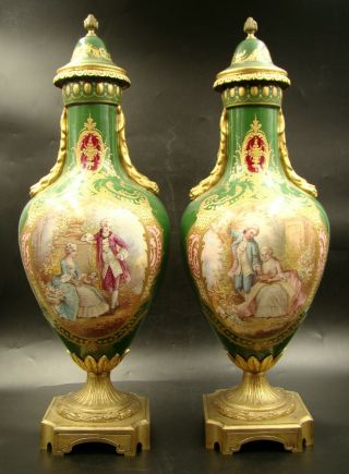 French Chateau Tuileries Sevres Porcelain Geen Covered Urn Vases Ca 1846