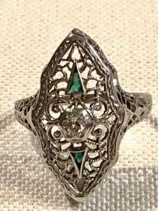 Antique 14k White Gold Vintage Filigree Diamond Emerald Ring - Sz 5 Art Deco