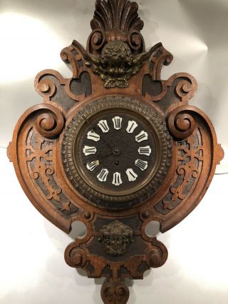 Antique Gothic Revival Wall Clock With Brass/bronze Ornaments - French? German?