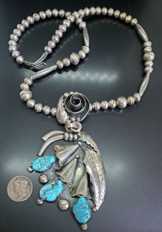 Vtg Native American Turquoise Sterling Silver Squash Blossom Bench Bead Necklace