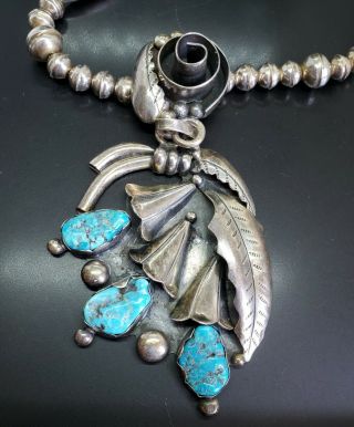 Vtg Native American TURQUOISE Sterling Silver SQUASH BLOSSOM bench Bead Necklace 2
