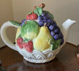 Otagiri Fruit Basket Teapot & Lid Embossed Basket Weave 6.  5” Tall,  Hand Painted