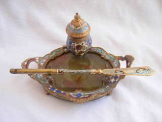 Antique French Enameled Gilt Bronze Inkwell With Dip Pen,  Late 19th Century.