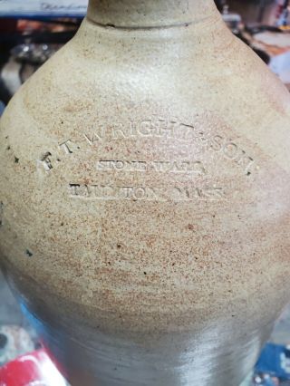 Antique 19th Century F T Wright & Son Taunton Mass Stoneware Crock Jug