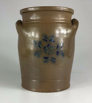 Antique Salt Glazed Stoneware Crock Double Handle Cobalt Blue Floral 10” Tall