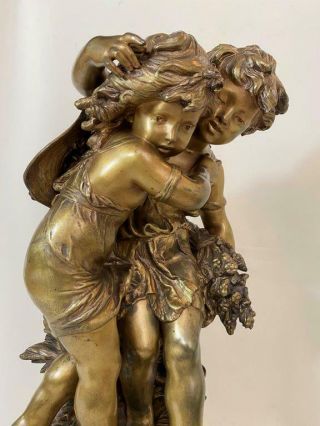 Antique Bronze Statue Auguste Moreau « Les Deux Enfants A La Gerbe De Fleurs »