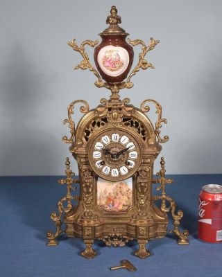 Vintage Bronze Mantel Clock With Hermle/fhs Clockworks And Porcelain Insert