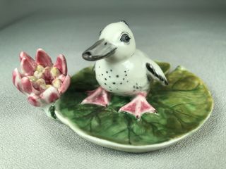 NYMPHENBURG GERMANY PORCELAIN FIGURINE OF A YOUNG DUCK ON A LILY PAD WITH FLOWER 2