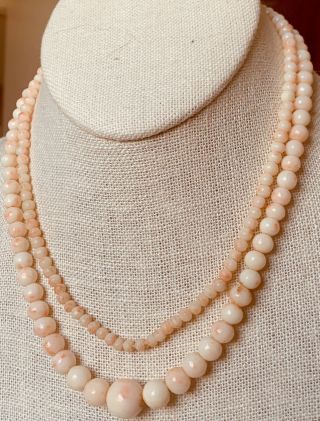 Vintage Natural Peach Pink Momo Coral Beads Extra Long 30”/dble Strand Necklace