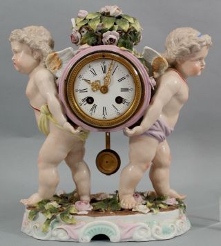 Antique 19thc German Painted Porcelain Figural Winged Cherubs,  Mantle Clock,  Nr