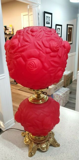 Antique Satin Red Brass Parlor Lamp W Embossed Rosees Ball Shade