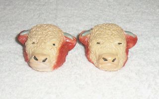 Vintage Ceramic White Faced Hereford Cattle Horned Head Salt & Pepper Shakers