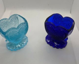 Vintage 2 Small Heart Shaped Vases - Cobalt Blue And Aqua