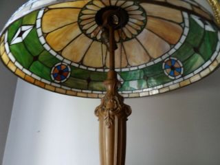 Antique Leaded Glass Lamp Shade 18.  5 Dia Attached Cap Arts Crafts Handel Era