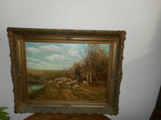 Large Antique Oil Painting,  { Piet Bouter 1887 - 1968,  Herder With His Flock }.