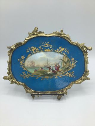 Antique French Ormolu Mounted Sevres Porcelain Plaque With Harbor Scene