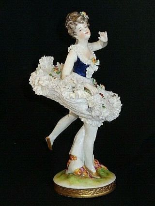 19th C Dresden Volkstedt Porcelain Lace Figurine Ballerina With Gold Slippers