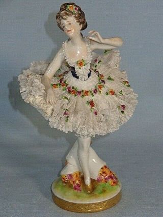 19th C Dresden Volkstedt Porcelain Lace Figurine Ballerina with Gold Slippers 3