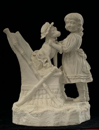 Antique Vintage Parian Ware Child With Dog Figurine 13” Tall