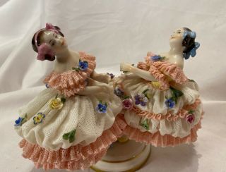 Antique Dresden Lace Volkstedt German Porcelain Dancing Girls Figurine