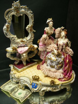 Antique Large Dresden Volkstedt Figurine " Two Ladies With Mirror "