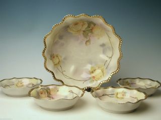 Antique Fine Prussia Royal Rudolstadt Roses Bowl Dishes Berry Set Hand Painted