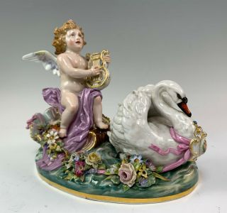 19thc Meissen Figurine Cherub With Harp Riding On Flowered Shell Pulled By Swan