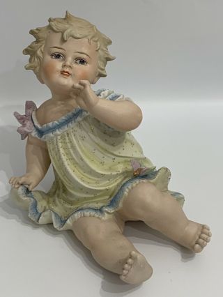 Antique German Piano Baby Large Bisque Porcelain Girl 12” Large 10”tall