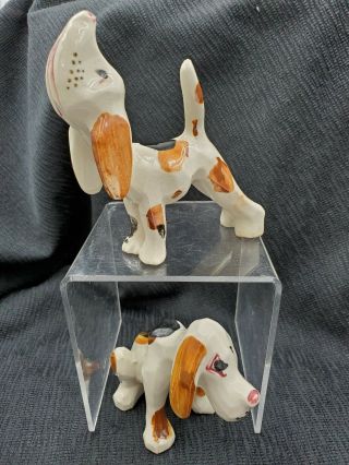 Vintage Ceramic Hound Dogs Figurines White Black Brown Japan Set Of 2