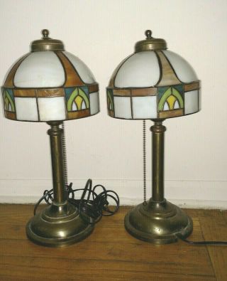Pair Antique Arts And Crafts Slag Shades Lamps