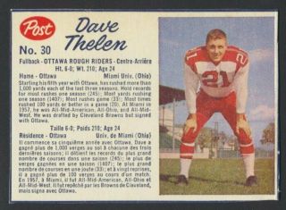 Vintage 1962 Post Cfl Football Card 30 Dave Thelen Rare Not In Guide Ex/mt - Nm