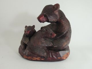 Vintage Large Black Forest Style Wood Carving Bear With 2 Cubs 9 1/4 " Tall