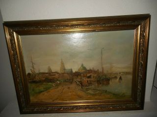 Large Old Oil Painting,  Impress.  Style,  { City Scene With A Harbor,  Is Signed}.