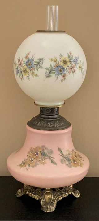 Large Gwtw Antique Handpainted Floral Pink White Oil Lamp Converted Three - Way