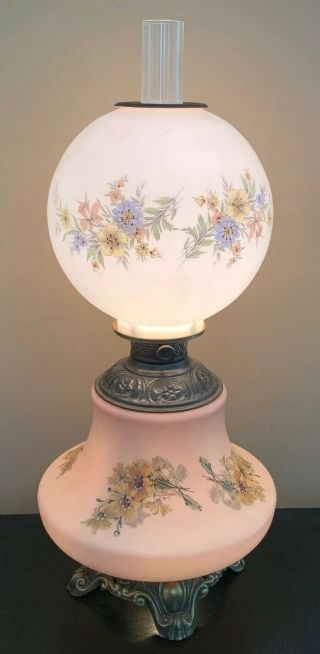 Large GWTW Antique Handpainted Floral Pink White Oil Lamp Converted Three - Way 2