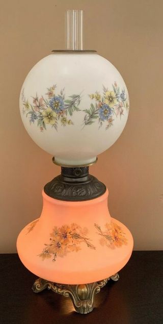 Large GWTW Antique Handpainted Floral Pink White Oil Lamp Converted Three - Way 3